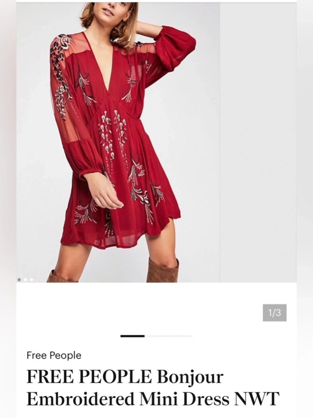 Free People Burgundy Red Embroidered Mesh Sleeve Mini Dress - Picture 1 of 13